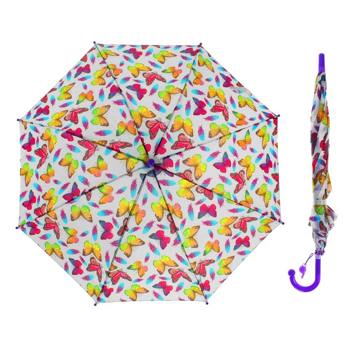 Зонт детский "Бабочки", полуавтоматический, со свистком, r=38см, цвет фиолетовый