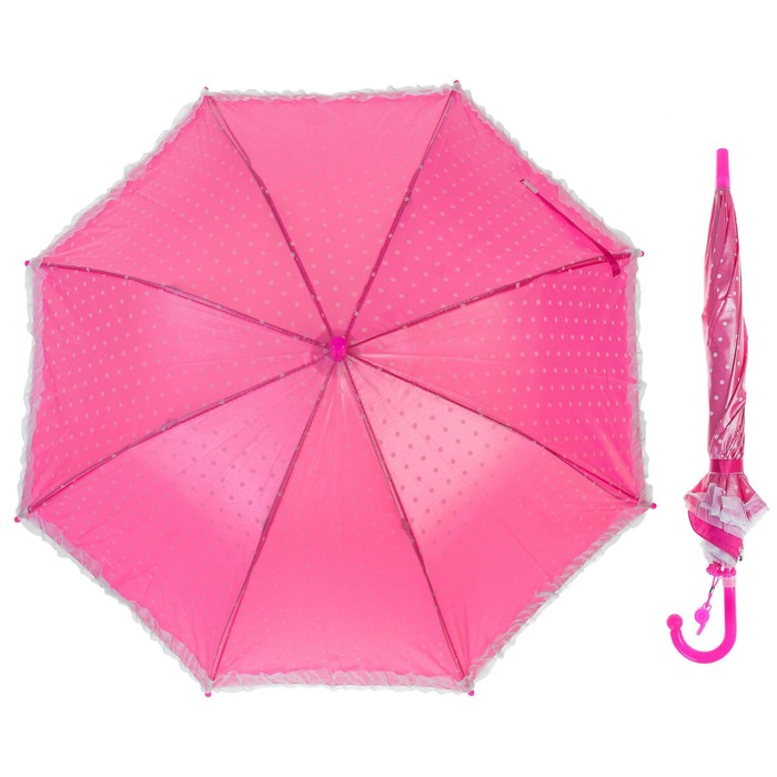 Зонт-трость "Горошек с рюшами", полуавтоматический, со свистком, R=38см, цвет малиновый