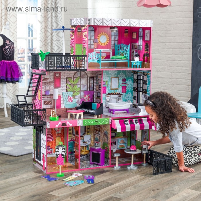 Домик кукольный KidKraft «Бруклинский Лофт», трёхэтажный, с мебелью домик кукольный деревянный kidkraft кайла трёхэтажный с мебелью