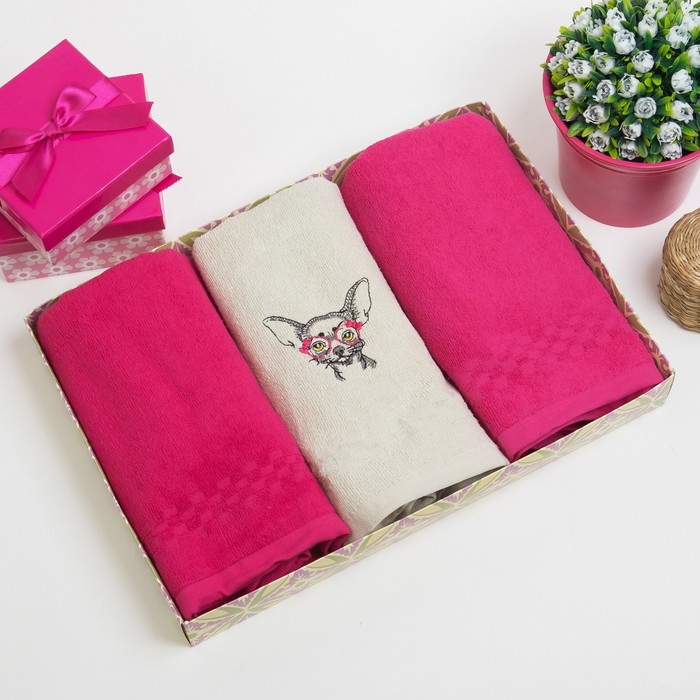 Подарочный набор полотенец Collorista "Стильный Чихуахуа" 50х90 см - 3 шт. 400 г/м², хл 100%