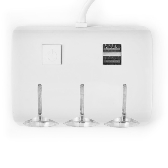 Разветвитель прикуривателя 3 гнезда с подсветкой, 2 USB 1.2 А, 12/24 В, 70 см, белый