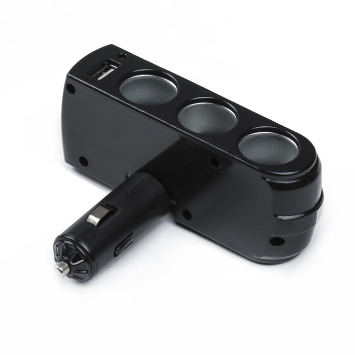 Разветвитель прикуривателя , 3 выхода + 1 USB, черный