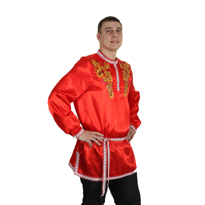 Рубаха русская мужская "Хохлома. Цветы", атлас, р-р 48-50, цвет красный