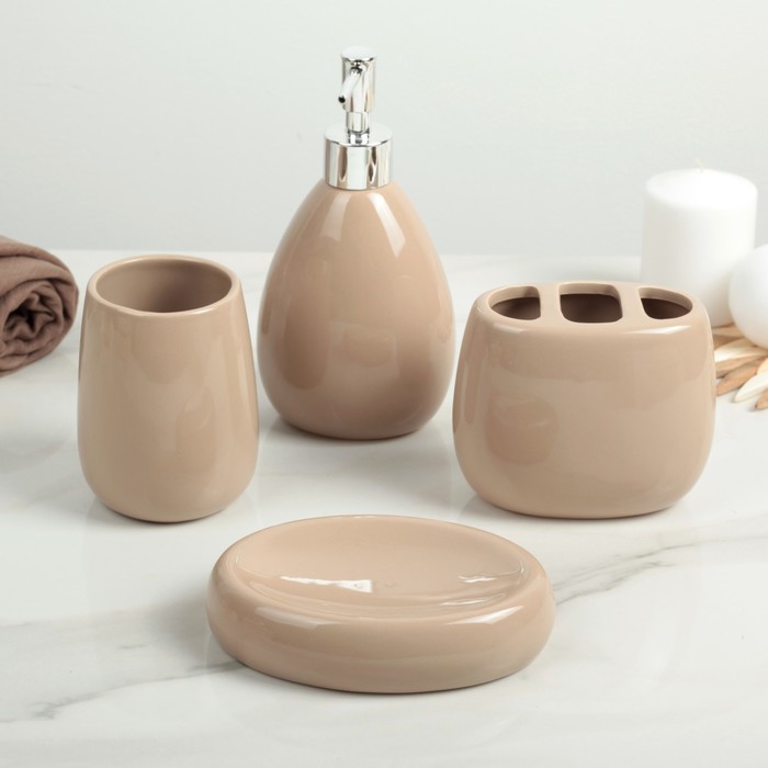 Набор для ванной "Галька" 4 предмета: мыльница, дозатор для мыла, 2 стакана, цвет коричневый