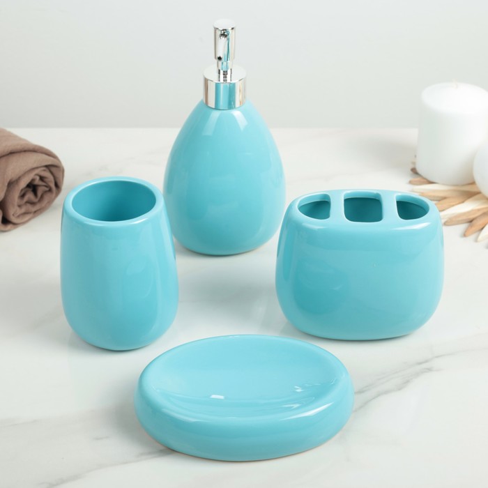 Набор для ванной «Галька», 4 предмета (мыльница, дозатор для мыла, 2 стакана), цвет голубой