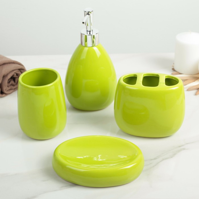 Набор для ванной "Галька" 4 предмета: мыльница, дозатор для мыла, 2 стакана, цвет зелёный