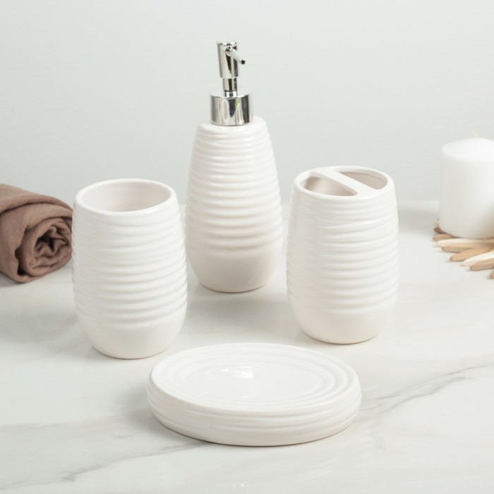 Набор для ванной "Улей" 4 предмета: мыльница, дозатор для мыла, 2 стакана, цвет белый