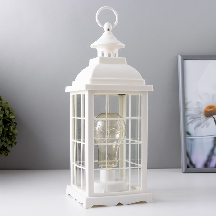 Лампа настольная лофт + подвес "Фонарь и светлячки" белая от батареек 3ААА 35х13,5х13,5см