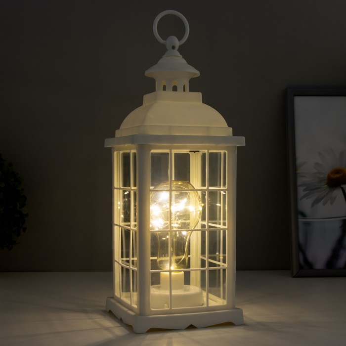 Лампа настольная лофт + подвес "Фонарь и светлячки" белая от батареек 3ААА 35х13,5х13,5см