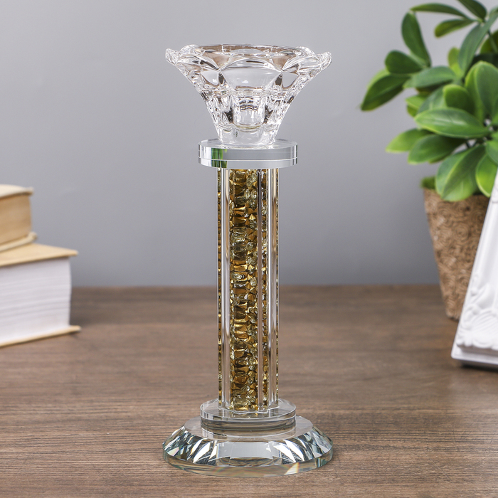 Подсвечник стекло на 1 свечу "С золотыми камешками" 16х7х7 см