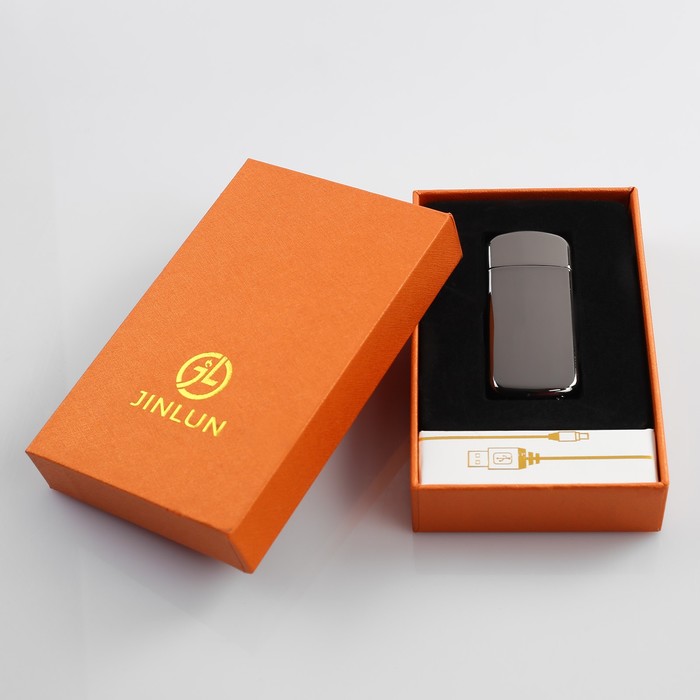 Зажигалка в подарочной коробке, USB, закругленная, серый металлик, 7,5*12,5 см
