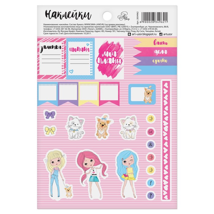 Наклейки на ежедневник «Девчонки», 11 х 16 см