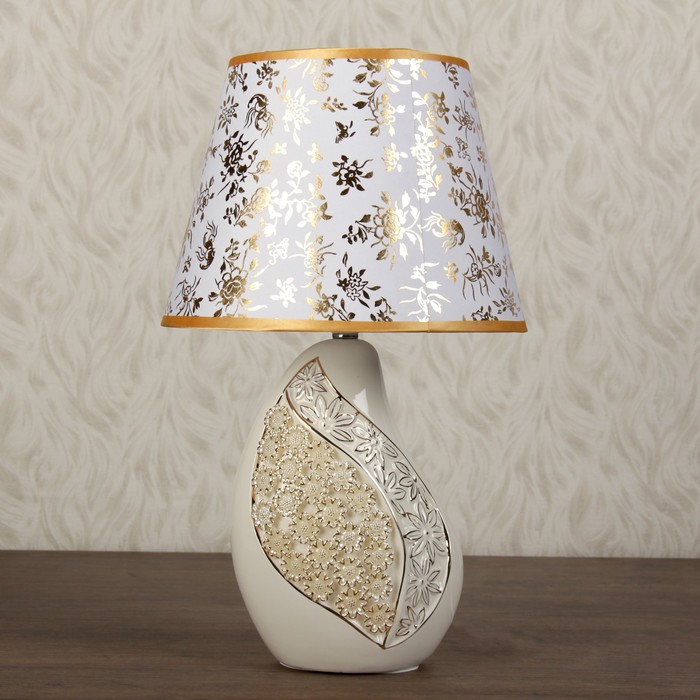 Лампа настольная керамика стразы Е14 40Вт 220В "Ромашковое поле" белая с золотом 40 см
