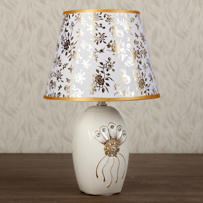 Лампа настольная керамика стразы Е14 40Вт 220В "Цветочек" белая с золотом 38 см
