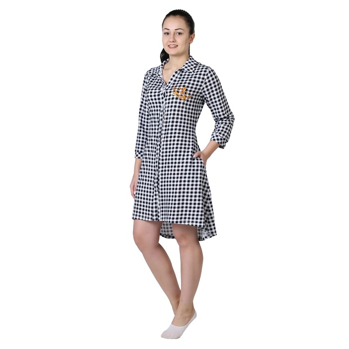 Халат женский на пуговицах Принцесса цвет тёмно-синяя клетка, р-р 50