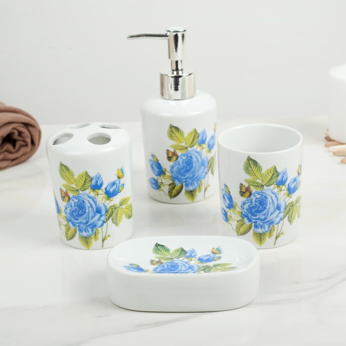 Набор для ванной "Роза" 4 предмета: мыльница, дозатор для мыла, 2 стакана, цвет синий