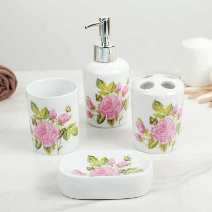 Набор для ванной "Роза" 4 предмета: мыльница, дозатор для мыла, 2 стакана, цвет розовый