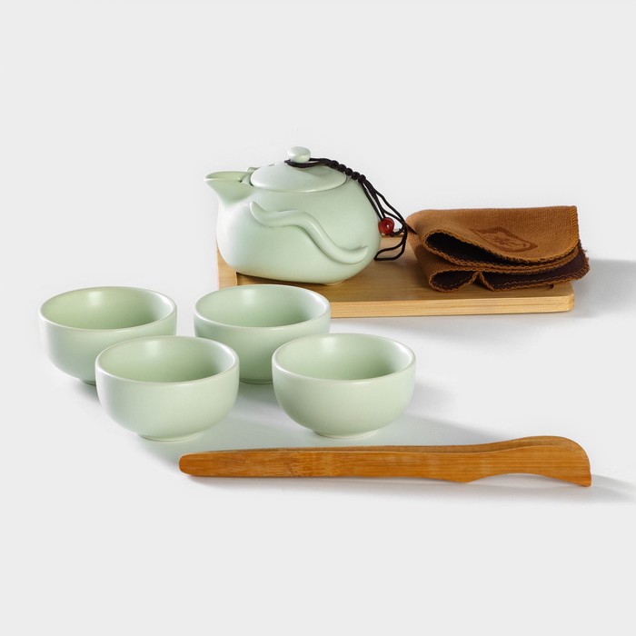 Набор для чайной церемонии керамический «Тясицу», 8 предметов: чайник 120 мл, 4 пиалы 50 мл, салфетка, щипцы, подставка набор для чайной церемониибутоны лотосагайвань 100 мл 2 пиалы по 25 мл