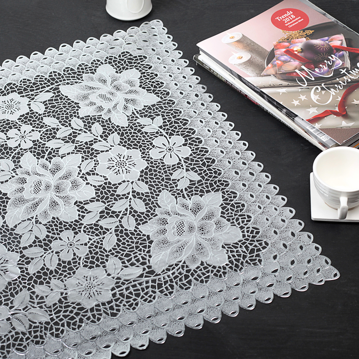 Салфетка ажурная ПВХ 100х60 см "Пионы" серебро