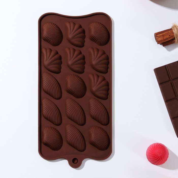 Форма для шоколада Доляна «Ракушки», силикон, 22×10,5×1 см, 15 ячеек (2,7×3,4 см), цвет коричневый форма для шоколада ракушки 3