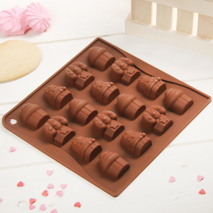 Форма для льда и шоколада "Капкейки", 16 ячеек, цвет шоколадный