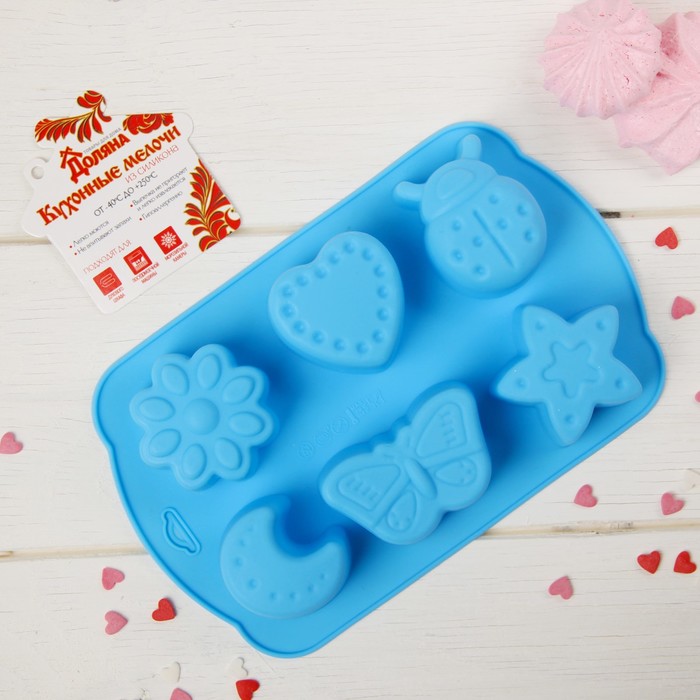 Форма для выпечки "Звезда, месяц, сердце, бабочка", 6 ячеек, цвета МИКС