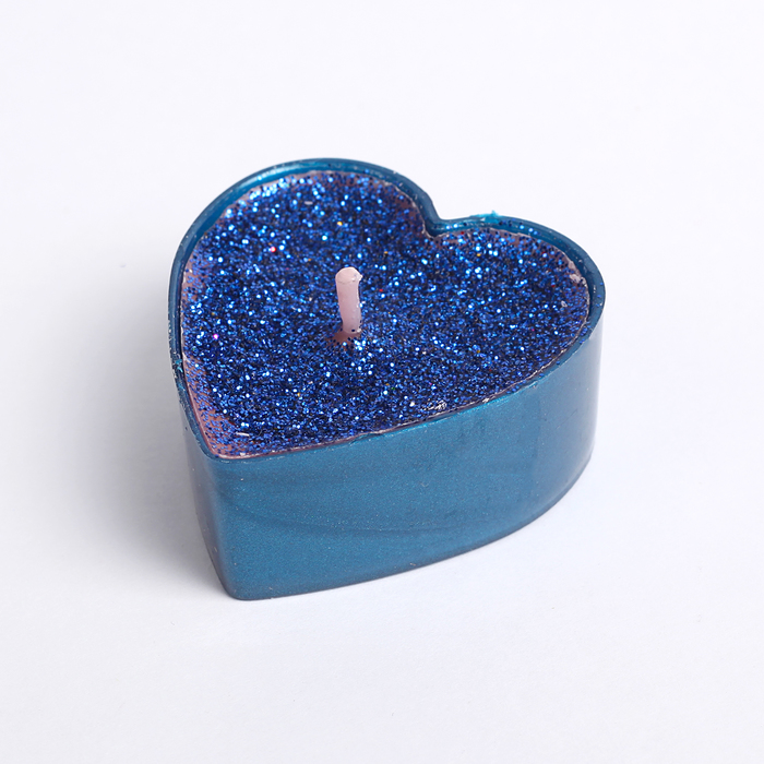 Свеча в гильзе 1шт "Сердце", синяя блёстка