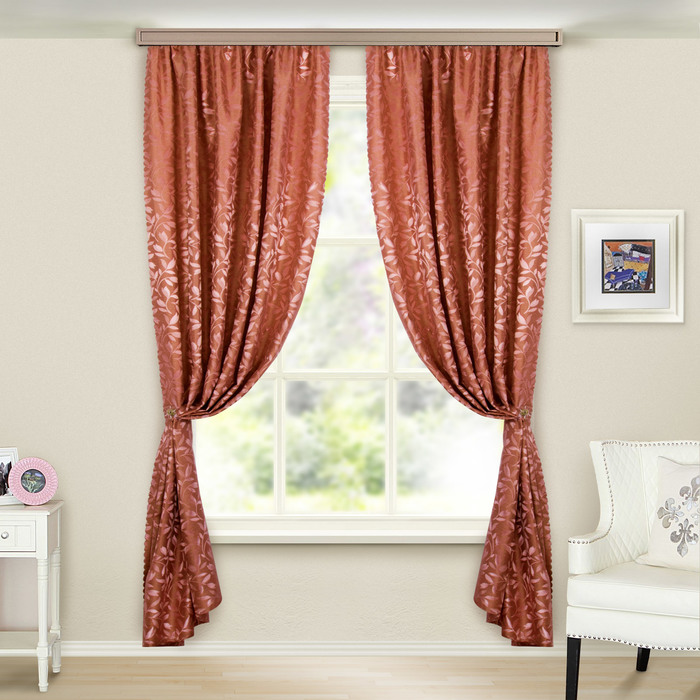 Шторы портьерные "Жаккард"листья терракот 150х260 см, 2шт/компл.100% п/э