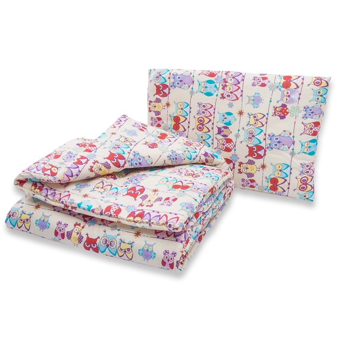 Комплект в кроватку: одеяло 110х140 см, подушка 40х60 см, совушки беж, хл100% бязь