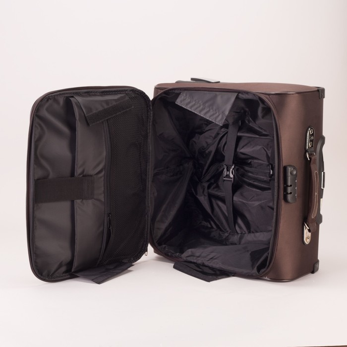 Чемодан-мини на молнии 16", 1 отдел, наружный карман, 2 колеса, кодовый замок, цвет коричневый