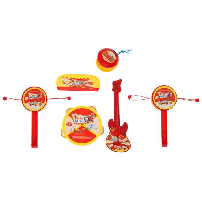 Набор музыкальных инструментов "Весёлые звуки", 6 предметов: бубен, гитара, губная гармошка, кастаньета, 2 стучалки