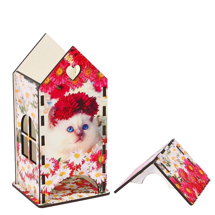 Чайный домик «Кошка», цветы, 9,3×9,3×20 см