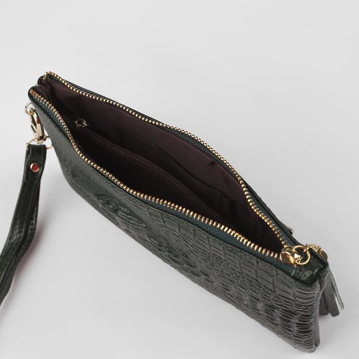 Клатч, 2 отдела, наружный карман, ручка, цвет зелёный