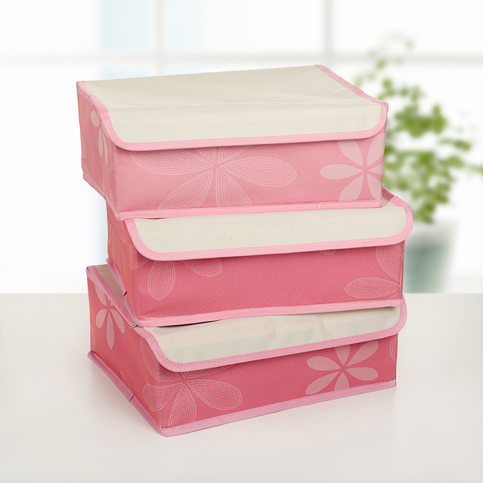 Набор органайзеров для белья с крышкой, 3 шт, "Цветы" 32х24х12 см, розовый