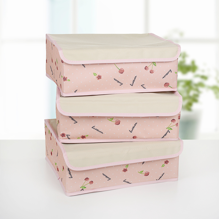 Набор органайзеров для белья с крышкой, 3 шт, "Вишни" 32х24х12 см, розовый
