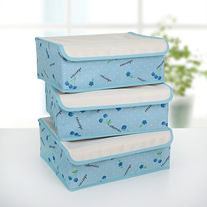 Набор органайзеров для белья с крышкой, 3 шт, "Вишни" 32х24х12 см, голубой