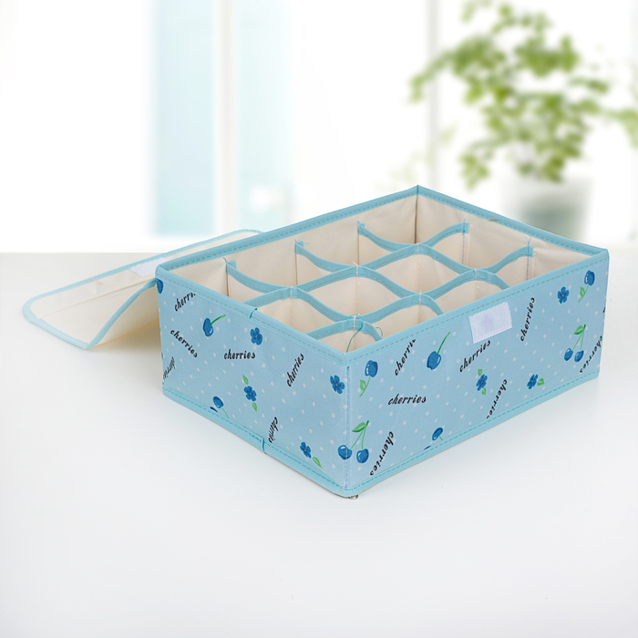 Набор органайзеров для белья с крышкой, 3 шт, "Вишни" 32х24х12 см, голубой