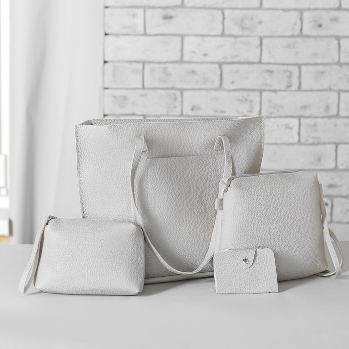 Сумка женская на молнии 4 в 1, наружный карман, косметичка, кредитница, цвет серо-молочный