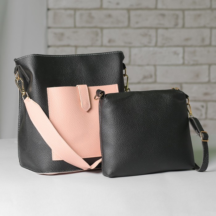 Сумка женская, отдел на молнии, наружный карман, длинный ремень, сумка, цвет чёрный/розовый