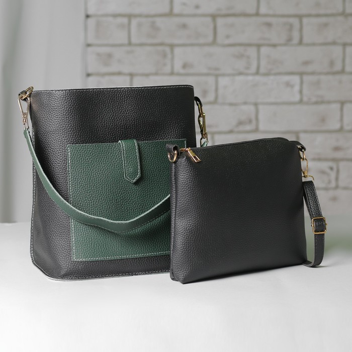 Сумка женская Тэсс 2 в 1, отдел на молнии, наружный карман, длинный ремень, сумка, цвет чёрный/зелёный