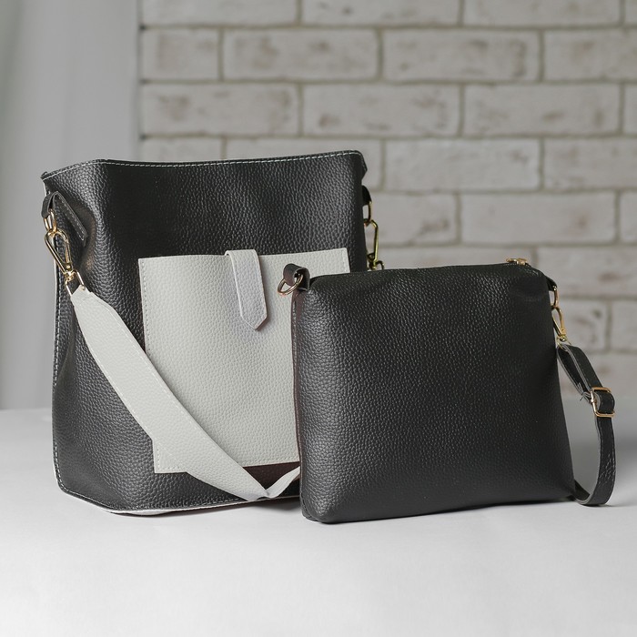 Сумка женская, отдел на молнии, наружный карман, длинный ремень, сумка, цвет чёрный/серый