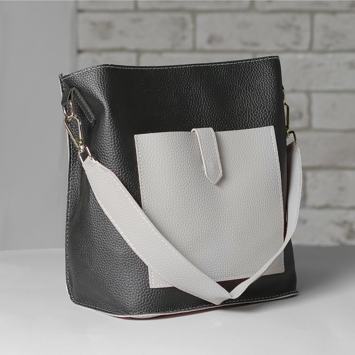 Сумка женская, отдел на молнии, наружный карман, длинный ремень, сумка, цвет чёрный/серый