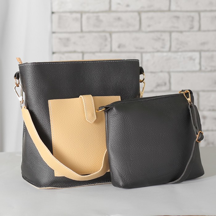 Сумка женская, отдел на молнии, наружный карман, длинный ремень, сумка, цвет чёрный/бежевый