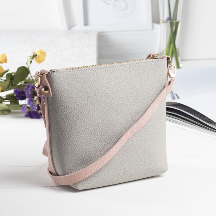 Сумка женская, отдел на молнии, длинный ремень, цвет серый/розовый