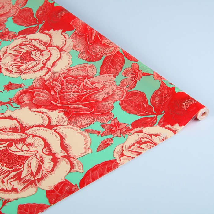 Пленка для цветов, "Розовый сад", красный на мятном, 0,7 х 8,5 м, 35 мкм