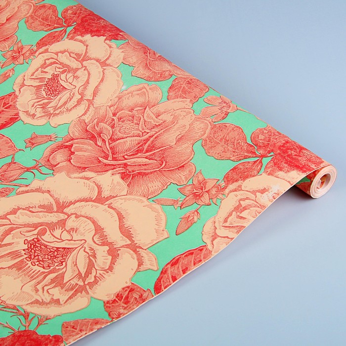 Бумага упаковочная белая, "Розовый сад", персиковый-красный-мятный, 0,7 х 9 м