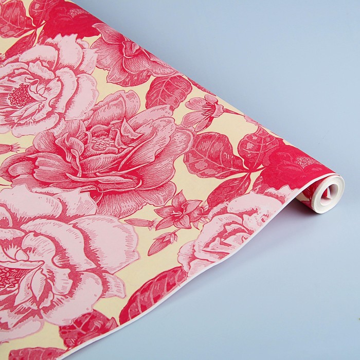 Бумага упаковочная белая, "Розовый сад", нежно розовый-крем-красный, 0,7 х 9 м
