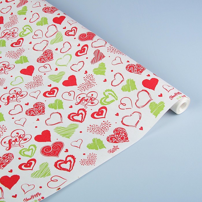 Бумага упаковочная белая "You &amp; Me", красный-салатовый, 0,7 х 9 м