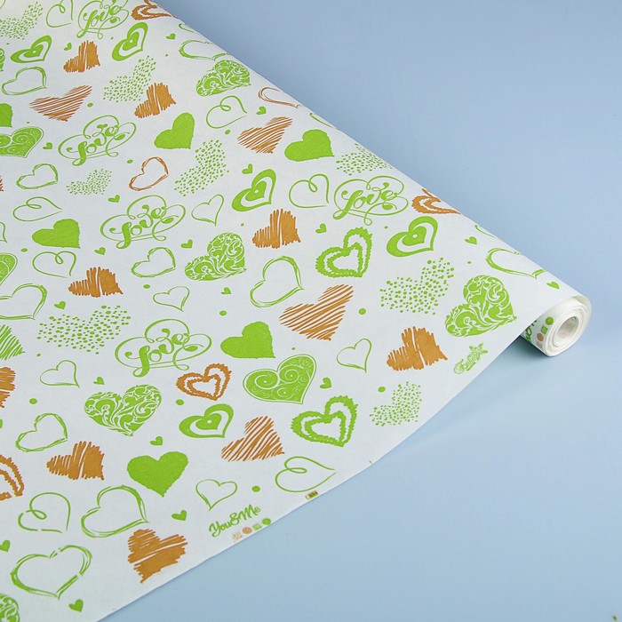 Бумага упаковочная белая "You &amp; Me", салатовый-золотой, 0,7 х 9 м