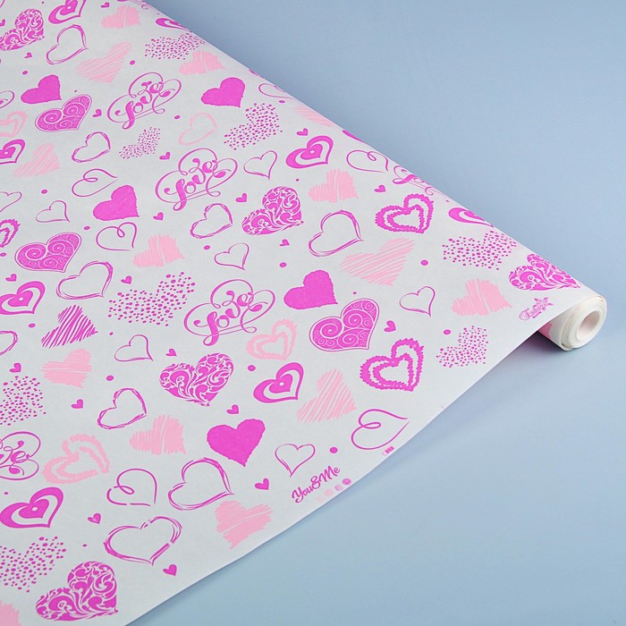 Бумага упаковочная белая "You &amp; Me", малиновый-розовый, 0,7 х 9 м